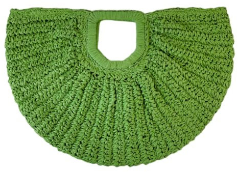 Fiorky Sac fourre-tout en maille au crochet, sac fourre-tout en paille fait à la main, grande capacité, sac à main en paille demi-lune, sac de poignet à tissage simple, sac quotidien pour femme, pour