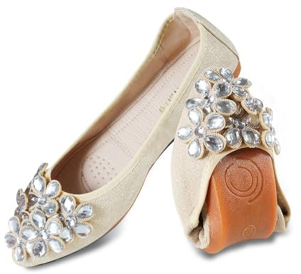YOUNIFIZ Women's Elastic Foldable Portable Pumps Sparkly Rhinestones Ballet Ballerina Slip On Flats Dolly Shoes (Gold-2,Size 8)