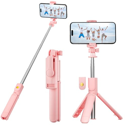 Aourxiv Perche à selfie rose avec télécommande sans fil, diffusion en direct et enregistrement vidéo, compatible avec Android, iPhone et plus encore