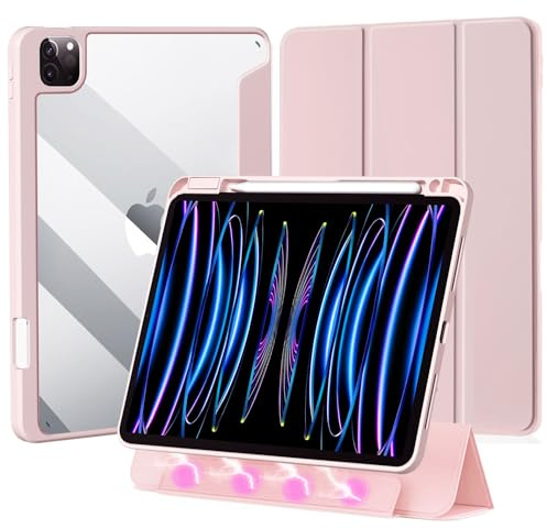 Tasnme Detachable Case for iPad Pro 12.9-inch (6th/5th/4th/3rd Generation, 2022/2021/2020/2018), Removable Magnetic Smart Cover, Transparent PC Hard Back with Pencil Holder, Auto Wake/Sleep (Pink)