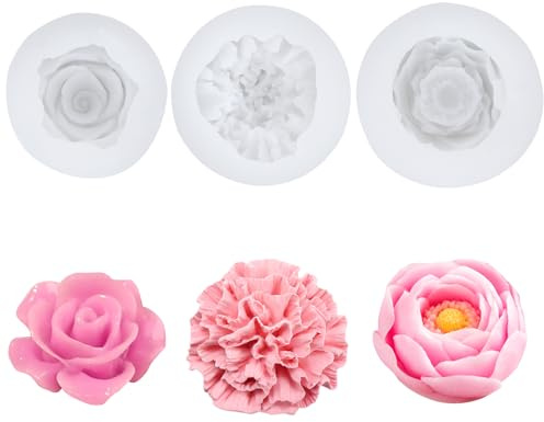 3 Stück Kerzen Silikonformen, Kerzen Formen Silikon, Silikonformen Gießformen Kerzen, Kerzen Gießen Formen, Silikonform Kerzen, Kerzen Silikonform Rosen Nelke Pfingstrose zum Gießen Blumen 3D