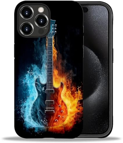 yicomon Kompatibel mit iPhone 16 Pro Hülle, Musik Wasser und Feuer Gitarre Muster Druck Matte Handyhülle Langlebig Mode Lustig Flüssigsilikon Hülle Weiche Anti-Kratzer Stoßfest Schutzhülle