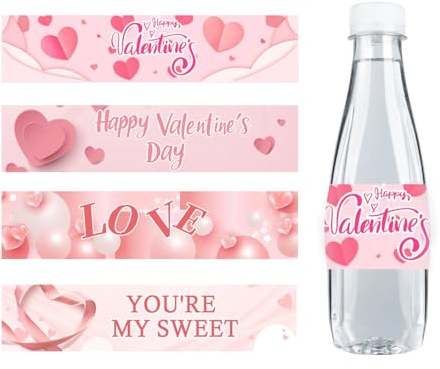 80 Pcs Valentine's Day Wine Bottle Labels Stickers 2x8.5 Inch Pink Heart Water Bottle Wraps Sticker for Valentine's Day Party Decorations.