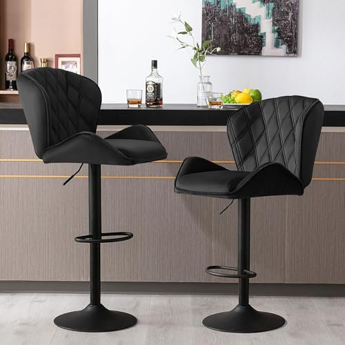 Fantasylab 2 Barhocker Tresenhocker, Gute gepolstert, Höhenverstellbar, Drehbar, Höhenverstellbar, 360° Drehbar,mit Rückenlehne und Fußstütze Belastbarkeit 120kg, 2 x Hocker in Schwarz