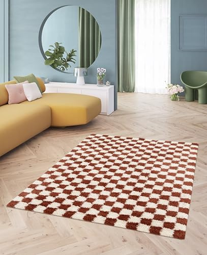 Rugs Essentials Shaggy Schachbrettmuster Teppich, Rechteckiger Teppich für das Wohnzimmer - Schlafzimmer, Weich und Bequem, Pflegeleicht, Florhöhe 30 mm, Polypropylen, 120 x 170 cm, Terrakotta
