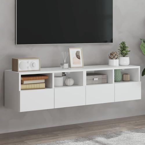 HXRAXINWN Floating Wall Shelves,2 Set Wall Cabinets, Wall Mounted TV Unit, Kitchen Bedroom Floating Cabinet with Pull-Down Door & Open Cubes, Under TV Shelf for Living Room (White)