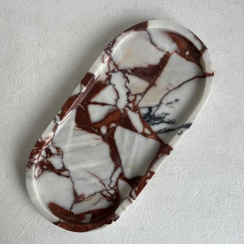 SAIDKOCC Natural Marble Oval Tray Ornaments Vintage Small Tray Storage Dish for Counter, Vanity, Dresser, Nightstand and Desk (Calacatta Red)