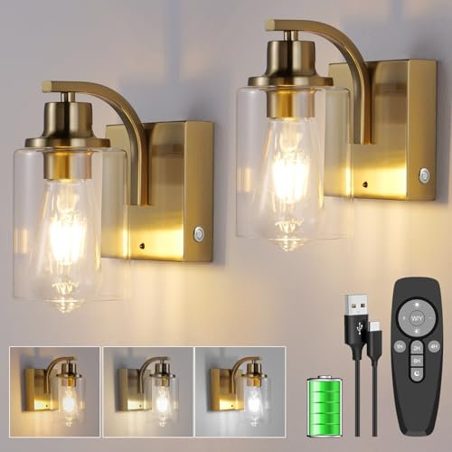 USB Aufladbare Wandleuchte mit Fernbedienung, 2 Stück Akku Wandlampe Innen, Touch Dimmbar Nachttischlampe mit Batterie 8000mAh, Kabellose Wandleuchten für Wohnzimmer Schlafzimmer Flur, Golden