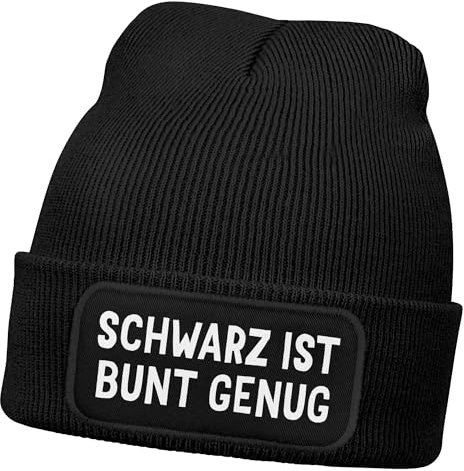 MoonWorks® Herren Beanie mit Patch Strickmütze mit Spruch Schwarz ist bunt genug Aufdruck Lustig Mütze Männer Schwarz Unisize