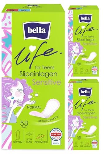 bella for teens Slipeinlagen Sensitive Normal | dermatest: SEHR GUT | ultradünne Slipeinlagen für Teenager im 3er Pack (3 x 58 Stück) | Mixform und parfümfrei