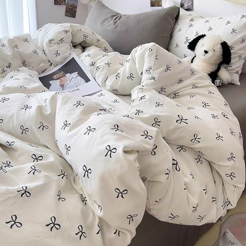 Michorinee Bettwäsche 135x200 Weiß mit Schwarz Schleifen Aesthetic Bettbezug Set 2 Teilig Schleifenmuster Mikrofaser Weich ÖKO-TEX Renforcé Bettwäsche-Sets mit Kissenbezüge 80x80 cm und Reißverschluss