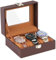 OFFCUP Uhrenbox mit 3 Fächern, Uhrenkasten mit Glasdeckel, Uhrenkoffer mit Herausnehmbaren Uhrenkissen, Metallverschluss, Uhrenschatulle aus PU für Schmuck, Ringe, Armbänder und Halsketten, Braun