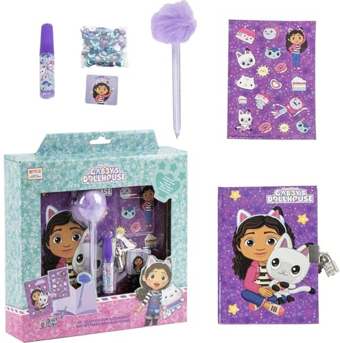 Tagebuch Set Gabby's Dollhouse – Tagebuch mit Fuzzy Pen, Stickern und thematischem Schreibwaren-Zubehör für Mädchen, die gerne schreiben, zeichnen und kreieren mit Fantasie zusammen mit Gabby