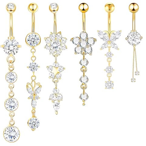 CharmBurst 6 Stück Goldene Bauchnabelpiercings, Edelstahl Hängend, Wasserfeste Belly Button Ringe, Chirurgenstahl Piercing-Schmuck, Trendige Bauchnabelringe