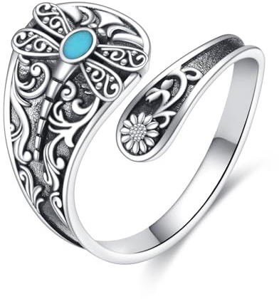 DAYLINLOVE Dragonfly Spoon Ring S925 Sterling Silver Vintage Turquoise Dragonfly Rings Sunflower Adjustable Spoon Ring Jewelry Gifts for Women Men