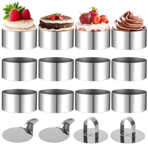 YOMKILU 12 Stück Dessertringe Set, Dessertringe 8cm mit 2 Deckel und 2 Basis, Servierringe aus Edelstahl,Profi Tortenring für Backen, Dessert, Mousse und Anrichten