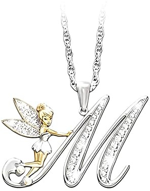 QYYZTQY Collier de fée en Argent Sterling 925 pour Femmes, Joli Cristal IJKLMNO Lettres Fleur Colliers de fée, Collier fée Clochette, Bijoux de fée, Bijoux fée Clochette