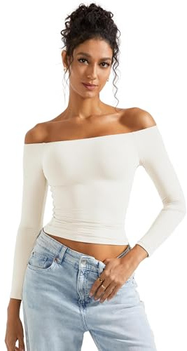 SUUKSESS Women Off Shoulder Double Lined Long Sleeve Shirts Basic Going Out Tops White