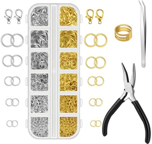 Lunhoo 1200 Stück Biegering Schmuckherstellung Zubehör, Schmuck Basteln Selber Machen Set mit Karabinerverschluss Zange Pinzette Biegeringöffner für Halsketten Armbänder Kettenanhänger (Silber, Gold)