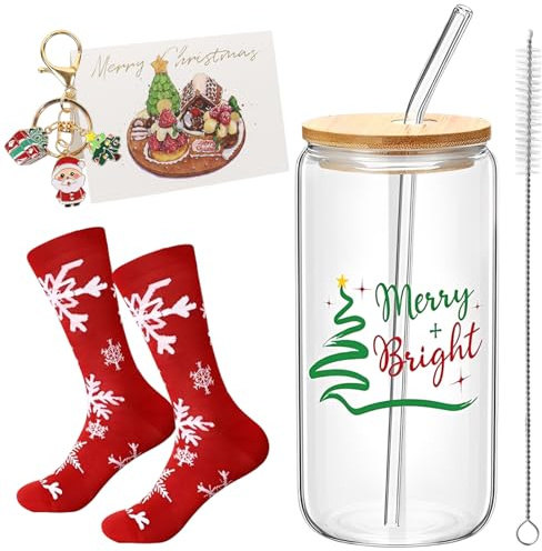 Weihnachtsgläser mit Deckel & Strohhalm, 500 Ml Weihnachtstassen, 6 Stück Weihnachtsgeschenke mit Reinigungsbürste Schlüsselanhänger Grußkarte Weihnachtsstrumpf, Verwendbar als Trinkgläser, Saftbecher