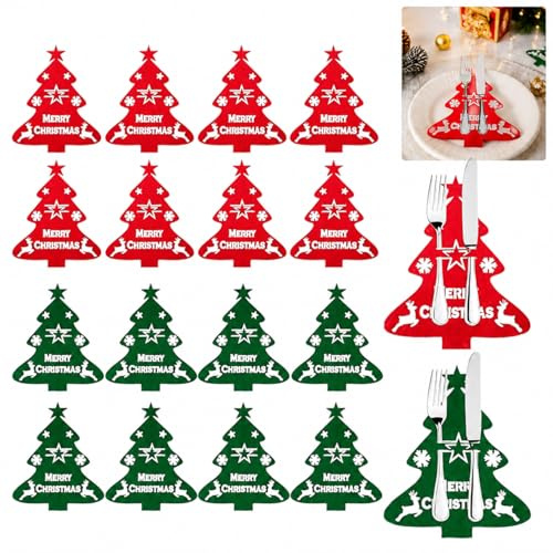 Porte-Couverts de Noël 16 pièces Rouge et Vert, Sac à Couverts décoratif en Forme de Sapin 20x18 cm pour Table de fête, Accessoires de décoration de Noël élégants