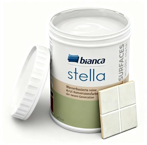 Bianca Stella Fliesenfarbe Ohne Schleifen - Wasserbasierter Parfümierter Fliesenlack für Badezimmer, Küche, Bodenfliesen, Wandfliesen - Weiß, Glänzend, Kratzfest, Hochdeckend, 1000ml