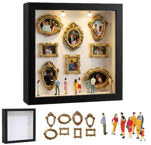 DIY Mini Menschen Figuren Museum mit Mini Bilderrahmen Vintage, DIY Museum of Us beleuchteter Schattenbox-Rahmensatz, Kreatives Erinnerungsdisplay, Geschenk für Valentinstag & Familie (Schwarz)