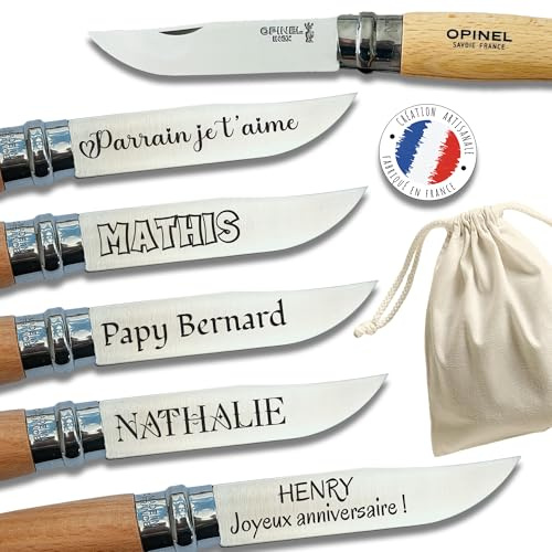 Couteau Personnalisé Opinel N°8 – Gravure sur Lame – Couteau de Poche – Couteau PLiant Personnalisable – Cadeau Original Homme Femme – Fabrication Française