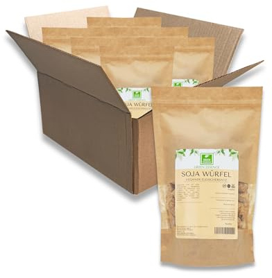 Sojawürfel 3kg Fleischersatz Schnitzelchen Sojaschnetzel von Green Essence | Würfel Fleischersatz Soya Chunks, kleine Würfel aus Sojamehl, für Gulasch, vegan Hackfleisch, Soja Geschnetzeltes 3kg, 6-Pack