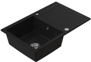 HOMEVELLO Spülbecken DIGNUM Einbecken Granitspüle 79x50x21cm Graphit, Hochwertige Küchenspüle mit Siphon, Abtropffläche, Pflegeleicht, Kratzfest, Moderne Design, Perfekt für jede Küche