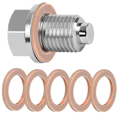 FUHAMJ Tappo coppa olio motore magnetico, vite di scarico olio M14x1.5 in acciaio inox, dado coppa con guarnizione, set da 1 pezzo con 5 rondelle in rame per cambio olio motore auto