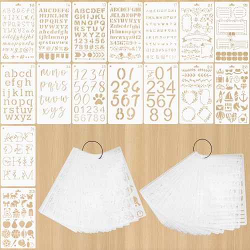 zeyedemo 64 Stück Schablonen mit Zahlen Symbole Buchstaben Muster Verschiedenen 17.8 x 10.2cm Ournal Schablonen Schriftarten Wiederverwendbar Schablone Vorlagen für Scrapbooking Malen DIY Malerei