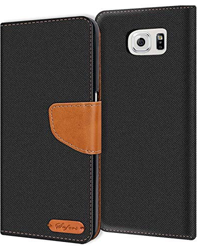 Verco für Galaxy S6 Edge+ Hülle, Schutzhülle für Samsung Galaxy S6 Edge Plus Tasche Denim Textil Book Case Flip Case Klapphülle, Schwarz