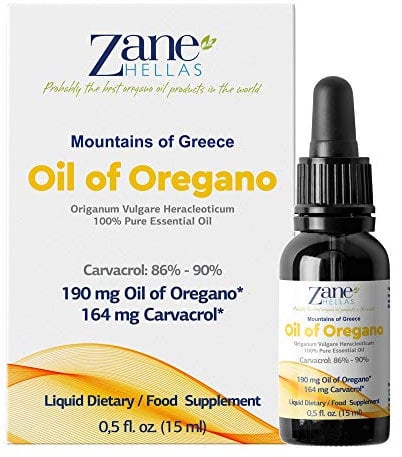 Zane Hellas 100% huile d'origan non diluée.Huile Essentielle Grecque Pure d'Origan.86% Min Carvacrol.164mg de carvacrol par portion.Probablement la meilleure huile d'origan au monde.15ml-0,5oz