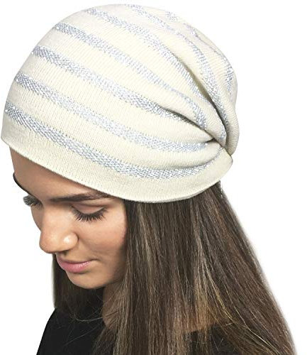 TOSKATOK® Damen Winter Slouch Mütze Hut Streifen Metallic Glitter Sparkle Print
