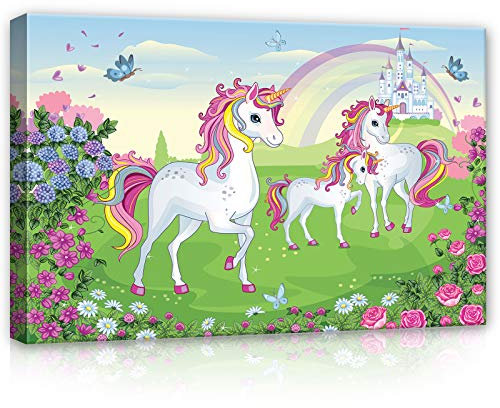 Forwall Leinwandbild Kinderzimmer Mädchen Einhorn 60x40 cm - Rosa Schmetterling Canvas Wandbilder für Kinder Bild auf Leinwand Bilder Kunstdruck Kinderbild Wanddekoration