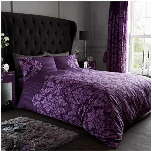 Gaveno Cavailia Empire Damask Super-King Duvet Set Purple Reversible Easy Care Cotton Blend 3 Piece Bedding