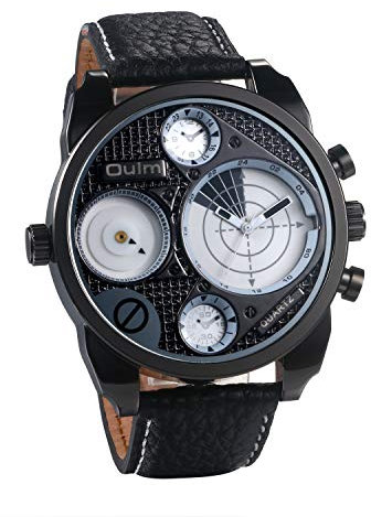JewelryWe Herren Uhren Quarz Analog Zwei Zeitzone Armbanduhr Männer Leder Band Sportuhr Uhr mit großem Radarartigen Zifferblatt