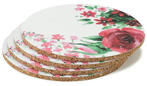 dv705 Lot de 4 dessous de verre pour boissons avec motif roses I Ø 10 cm liège I Aquarelle pour tasse verre I rond antidérapant I