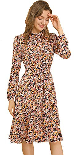 Allegra K Women's Tie Neck Chiffon Long Sleeves Vintage Belted Floral Dress, Yellow, XL
