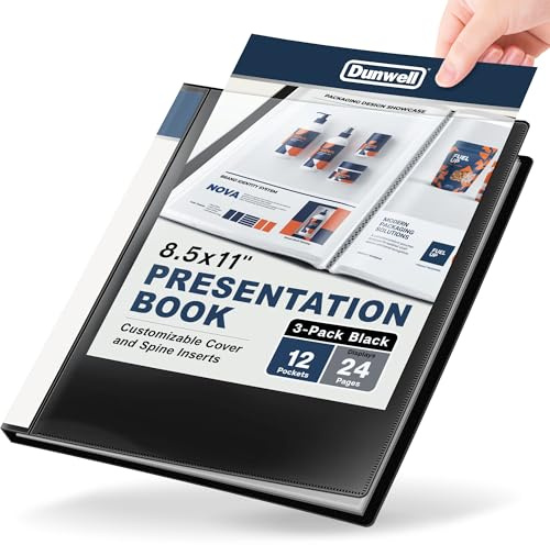 Dunwell 12-Pocket Presentation Binder with Plastic Sleeves (24 Viewable Pages), 8.5x11 Portfolio Folder, Top-Loading Sheet Protectors, Customizable Cover, Organizer for Photos, Recipes (Black)