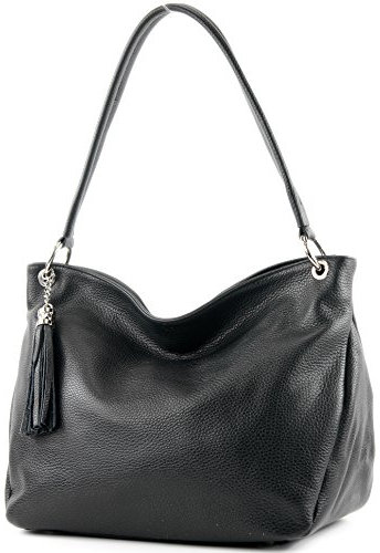 modamoda de - T154 - ital Schultertasche Umhängetasche aus Leder, Farbe:Schwarz2021