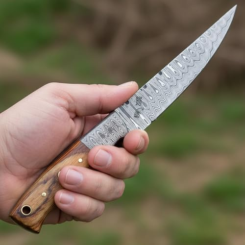 Hecho a mano de acero Damasco - Cuchillo con funda de cuero genuino - Hoja y mango nuevo patrón - Borde afilado - Interior - Caza - Camping - Pesca - Al aire libre - Cuchillo personalizado (6005)