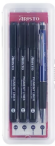 Aristo AR23539 Pigment Liner Kreativ-Set 4-teilig (3 Fineliner in den Strichstärken 0,05 mm / 0,40 mm / 0,80 mm mit hochpigmentierter schwarzer Tinte & 1 Feinminenstift 3Fit 1,3 mm) schwarz