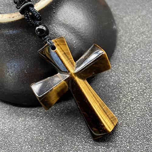 sdfwe Edelstein Kette, Natürlicher Tigerauge Stein Anhänger, Halskette Mit Schwarzer Seilkette, Unisex, Verschiedene Anlässe