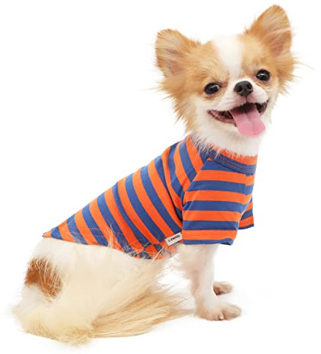 LOPHIPETS 100% Breathable Cotton Striped Dog Tee Shirt T-Shirt for Small Dogs Teacup Chihuahua Yorkie Puppy Clothes -Orange and Blue Strips/S