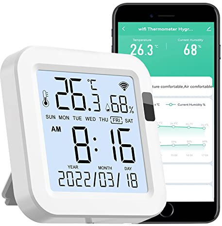 Smart WiFi Temperature Humidity Monitor: Tuya Wireless Temperature Humidity Sensor with APP Notification Alerts, WiFi Thermometer Hygrometer for Home Pet Garage with LCD Display, Compatible with Alexa