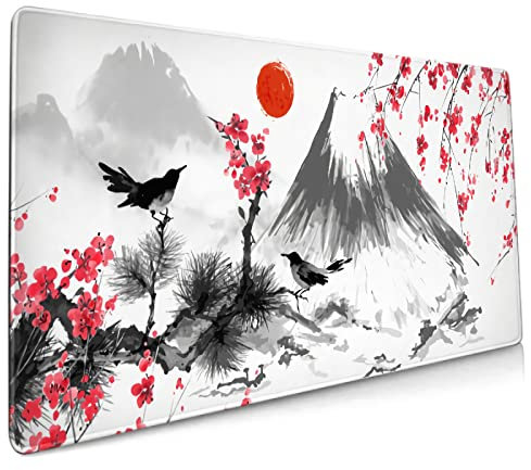 Japanisches Mauspad, 90 x 40 cm, XXL-Kunst, Aquarell, Kirschblüten, Vögel, Rosa, vollständiges Schreibtisch-Mauspad, erweitert, große rutschfeste Gummiunterseite, Tastaturmatte mit genähten Kanten,