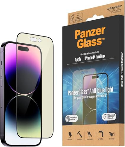 PanzerGlass™ Anti-Blue light Displayschutz für iPhone 14 Pro Max - kratzfester und augenschonender Screen Protector mit Blaulichtfilter für Retinaschutz - Positionierhilfe für einfache Anbringung