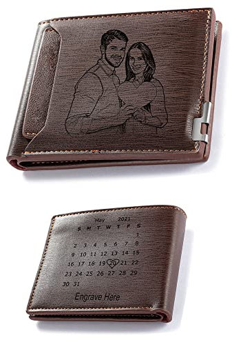 kaululu Herren Geldbörse Portmonee mit Foto Kalendar Männer Hellbraun Leder Personalisierte Geschenk für Valentinstag Geburtstag Vatertag Weihnachten